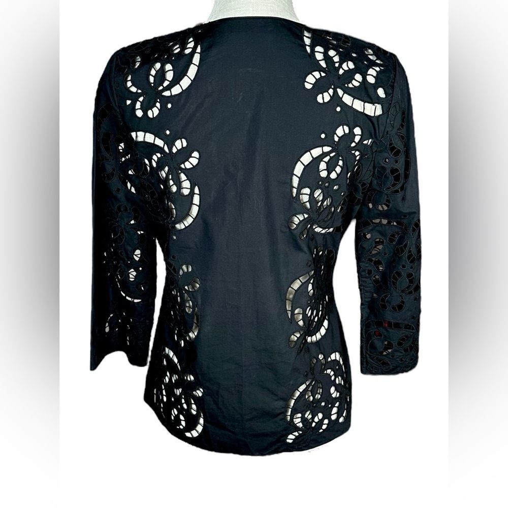Theory Womens Black Eyelet Floral Embroidered Cotton Poplin Shirt - Picture 5 of 7